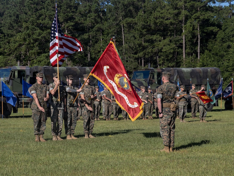 U.S. Marines with 2nd Low Altitude Air Defense Battalion, Marine Air Control Group 28, 2nd Marine Aircraft Wing, take part in a change of command ceremony at Marine Corps Air Station Cherry Point, North Carolina, June 24, 2026. The ceremony signified the transfer of authority, accountability and leadership from Lt. Col. Leonard J. Niedosik, from North Carolina, the off-going commanding officer of 2nd LAAD, to Lt. Col. Justin R. McCann, from Arkansas, the incoming commanding officer. (U.S. Marine Corps photo by Pfc. Keani Guthmueller)