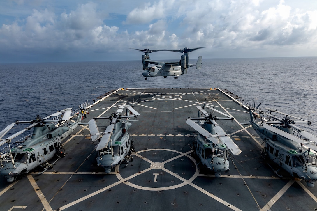 A U.S. Marine Corps MV-22B Osprey assigned to Marine Medium Tiltrotor Squadron (VMM) 365 (Reinforced), Littoral Combat Force-24, lands aboard San Antonio-class amphibious transport dock USS Fort Lauderdale (LPD 28) during deck landing qualifications while underway in the Caribbean Sea, June 9, 2026. U.S. military forces are deployed to the U.S. Southern Command area of responsibility in support of Operation SOUTHERN SPEAR, Department of War-directed operations, and the president’s priorities to disrupt illicit drug trafficking, deter malign actors and protect the homeland through continuous presence. (U.S. Marine Corps photo)