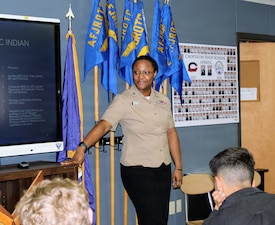 Hospital Corpsman 2nd Class Ifeoluwapo Olayemi, assigned to Navy Medicine Readiness and Training Command (NMRTC) Patuxent River, shares her career journey with Air Force Junior Reserve Officers Training Corps (AFJROTC) cadets at Chopticon High School. Olayemi's presentation on leadership and professional development was part of a series of community outreach events conducted by the command to support the Navy Medicine Enterprise's Line of Effort 4, which focuses on assembling and retaining a talented naval medical force.
