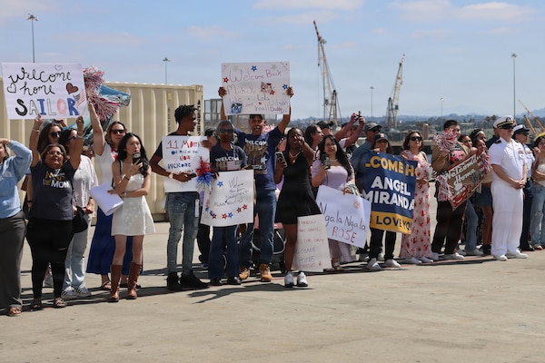 NAVAL BASE SAN DIEGO (June 27, 2026) – Families of U.S. Navy Sailors assigned to the Ticonderoga-class guided-missile cruiser USS Lake Erie (CG 70) waves as the ship returns to its homeport of Naval Base San Diego following 11 months of sustained operations at sea in the U.S. 4th Fleet area of operations June 27, 2026. An integral part of the U.S. Pacific Fleet, U.S. 3rd Fleet leads naval forces in the region and provides the realistic, relevant training necessary to execute our Navy’s role across the full spectrum of military operations – from combat operations to humanitarian assistance and disaster response. U.S. 3rd Fleet works together with allies and partners to advance freedom of navigation and overflight, the rule of law, and other principles that underpin security for the region.  (U.S. Navy photo by Mass Communication Specialist Seaman Aaron Sandovalmendoza)