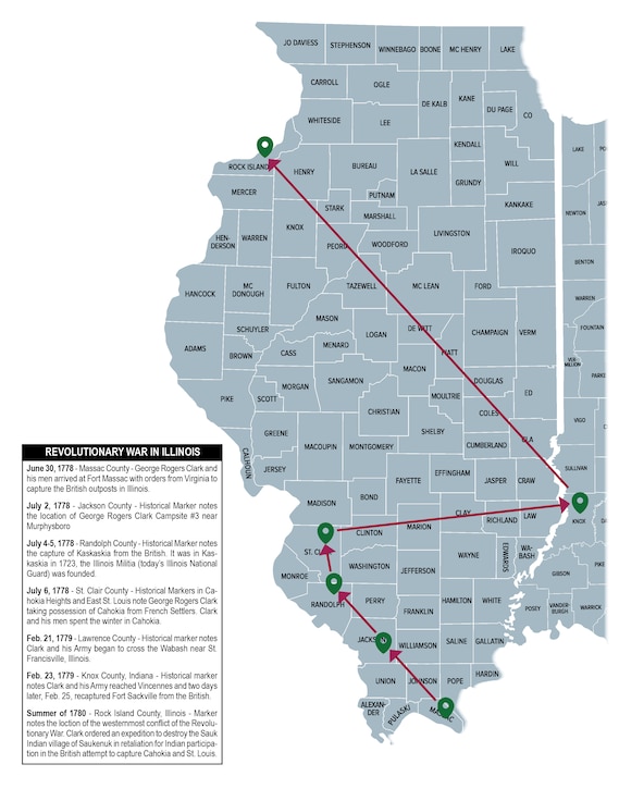 Historical markers dotted in Kaskaskia, Cahokia Heights, Vincennes and Rock Island tell the stories and mark the locations of the westernmost events of the American Revolution as well as other early events involving the Illinois militia. (Graphic by Barbara Wilson, Illinois National Guard Public Affairs)