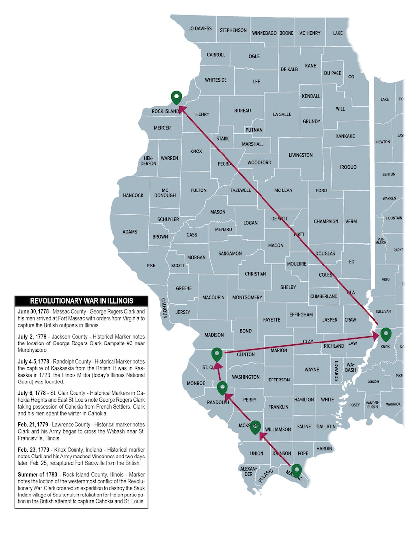 Historical markers dotted in Kaskaskia, Cahokia Heights, Vincennes and Rock Island tell the stories and mark the locations of the westernmost events of the American Revolution as well as other early events involving the Illinois militia. (Graphic by Barbara Wilson, Illinois National Guard Public Affairs)