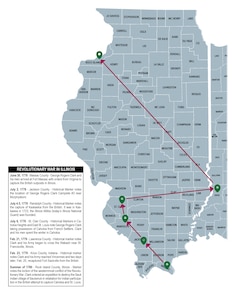 Historical markers dotted in Kaskaskia, Cahokia Heights, Vincennes and Rock Island tell the stories and mark the locations of the westernmost events of the American Revolution as well as other early events involving the Illinois militia. (Graphic by Barbara Wilson, Illinois National Guard Public Affairs)