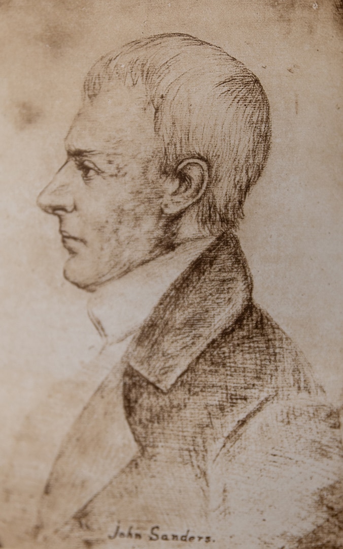 John Sanders, from a crayon portrait in the collection of Colonel R.T. Durrett of Louisville, Kentucky. George Rogers Clark’s men caught Sanders who was hunting ducks near Vincennes, Indiana. They took him prisoner, interrogated him for information, and sent him into town with a note for the residents.