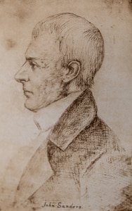 John Sanders, from a crayon portrait in the collection of Colonel R.T. Durrett of Louisville, Kentucky. George Rogers Clark’s men caught Sanders who was hunting ducks near Vincennes, Indiana. They took him prisoner, interrogated him for information, and sent him into town with a note for the residents.