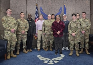 The AFCEDS team members gather for a group photo. Left to right: SSgt Nickolas Hinde, MSgt Timmy Brookshire,
Mr. Timothy Brown, Mr. Neil Stewart, SSgt Matthew Crawford, MSgt Gary Labac, Ms. Saundra Cunningham, Mr.
Dennis Marks, A1C Kirel Dyba, SrA Andre Hammers, and SrA Noah Willis. Photo by A1C Benjamin Ricker