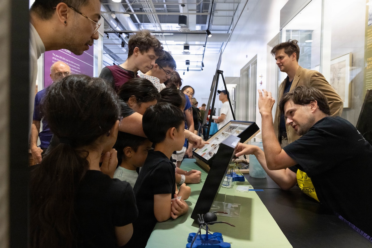 A dozen kids and adults look at a display of bugs in a case as a man seated on the other side of a table talks to them.