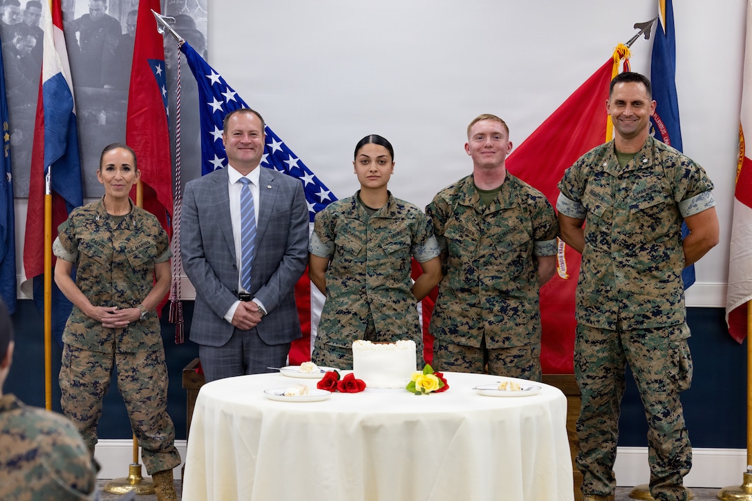 U.S. Marines with 2nd Network Battalion and Marine Corps Cyberspace Operations Group, pose for a photo as the Five Pillars of 2nd Network Bn during the battalion’s 5th birthday ceremony at Marine Corps Base Camp Lejeune, North Carolina, June 3, 2026. 2nd Network Bn was activated on June 3, 2021, to ensure the operation of a resilient network that enables mission execution in the face of persistent cyber threats. (U.S. Marine Corps photo by Lance Cpl. Alyssa J. DeCrane)