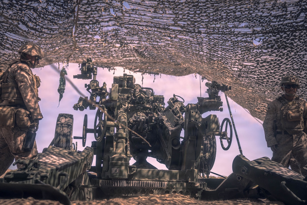U.S. Marines with 5th Battalion, 14th Marine Regiment, conduct live artillery fire mission during Integrated Training Exercise 3-26 on Marine Corps Air Ground Combat Center Twentynine Palms, California, June 4, 2026. ITX is designed to generate combat readiness and ensure the Reserve Component provides critical strategic depth to the Total Force. From complex combined arms maneuvers to all-domain integration, these Marines are proving that they are ready to augment, reinforce, and fight alongside the active component at a moment's notice. (U.S. Marine Corps photo by Lance Cpl. Parker Peichel)