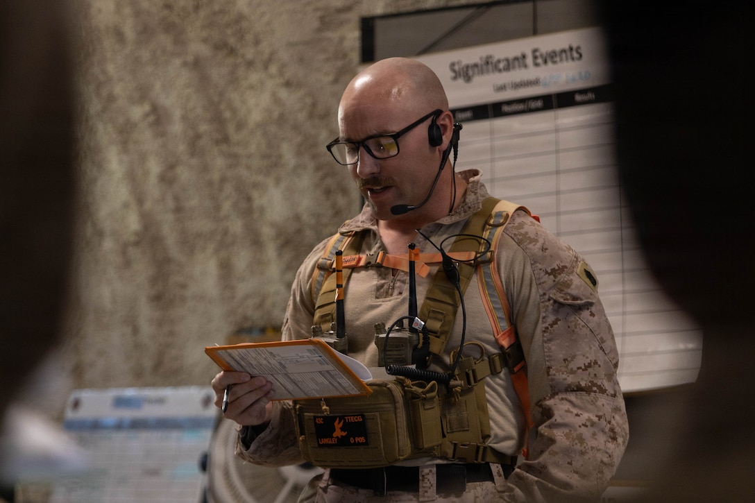 U.S. Marine Corps Gunnery Sgt. Richard Langley, a logistics instructor with Tactical Training and Exercise Control Group, Marine Air Ground Task Force Training Command, Marine Corps Air Ground Combat Center, briefs Marines at Camp Wilson, MCAGCC, Twentynine Palms, California, June 9, 2026. Integrated Training Exercise is designed to generate combat readiness and ensure the Reserve Component provides critical strategic depth to the Total Force. From complex combined arms maneuvers to all-domain integration, these Marines are proving that they are ready to augment, reinforce, and fight alongside the active component at a moment's notice. (U.S. Marine Corps photo by Lance Cpl. Jose Perez)