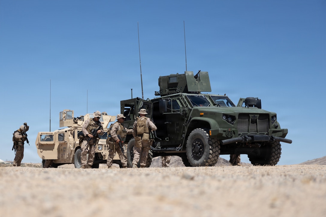U.S. Marines with 4th Law Enforcement Battalion, Force Headquarters Group, Marine Forces Reserve, dismount Humvees during motorized operations training at Integrated Training Exercise 3-26 on Marine Corps Air Ground Combat Center Twentynine Palms, California, June 5, 2026. ITX 3-26 is designed to generate combat readiness and ensure the Reserve Component provides critical strategic depth to the Total Force. From complex combined arms maneuvers to all-domain integration, these Marines are proving that they are ready to augment, reinforce, and fight alongside the active component at a moment's notice.