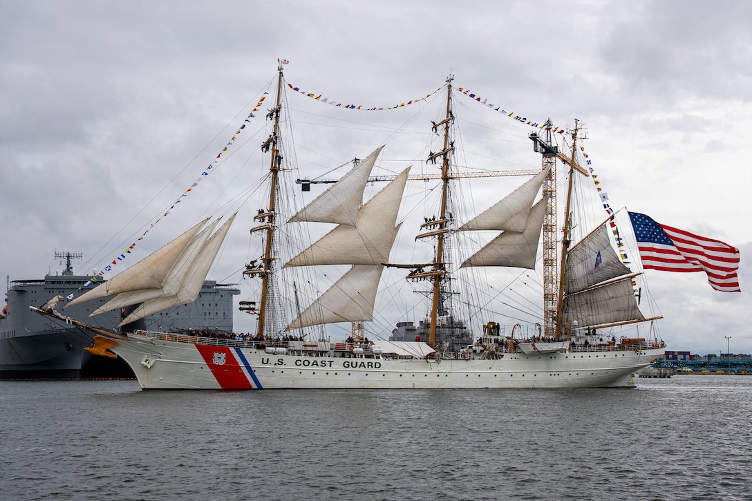 NORFOLK, Va. (June 19, 2026) Coast Guard tall ship Eagle (WIX 327) sails during the Norfolk Harborfest Parade of Sail in Norfolk, Virginia, June 19, 2026. Sail 250 Virginia is part of Sail 250 America, a global gathering of tall ships and military ships commemorating the 250th anniversary of the founding of the United States. Fleet Exercise (FLEETEX) 250 represents the United States’ commitment to layer defense of the homeland through forward-deployed forces and reinforces interoperability with allies and partners through collective maritime security. (U.S. Navy photo by Mass Communication Specialist 2nd Class Justin McTaggart)