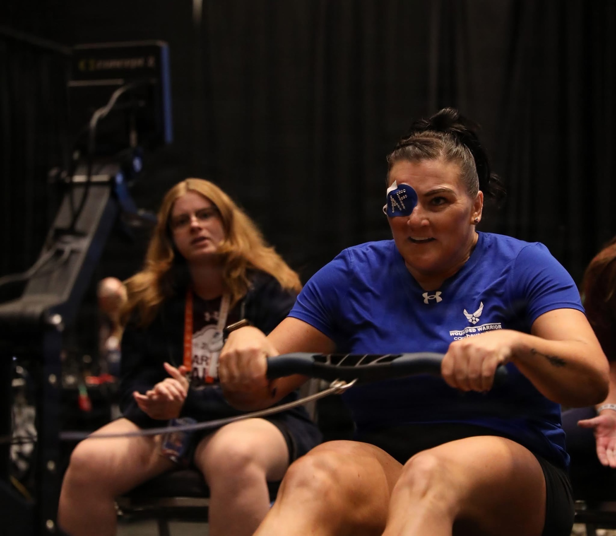 Chief Master Sgt. Danielle Spurlock, 355th Munitions Squadron senior enlisted leader uses a rowing machine.