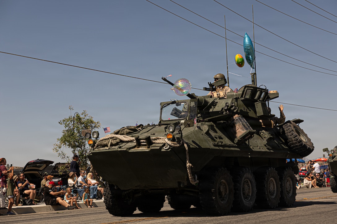 A U.S. Marine Corps LAV-25 with 3rd Light Armored Reconnaissance Battalion, 1st Marine Division, I Marine Expeditionary Force, participates in the 75th Annual Grubstake Days Parade in Yucca Valley, California, May 23, 2026. The historic parade is a cornerstone of the multi-day community celebration, honoring the heritage of the Morongo Basin while paying tribute to fallen service members over the Memorial Day weekend. (U.S. Marine Corps photo by Lance Cpl. Emilio Murphy)