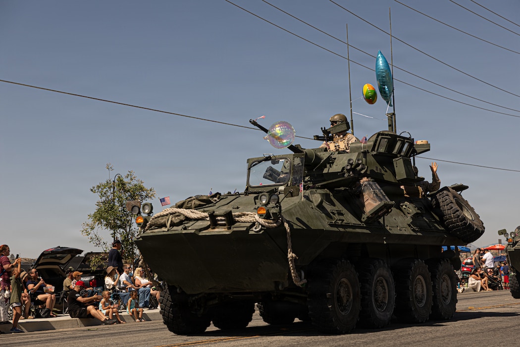 A U.S. Marine Corps LAV-25 with 3rd Light Armored Reconnaissance Battalion, 1st Marine Division, I Marine Expeditionary Force, participates in the 75th Annual Grubstake Days Parade in Yucca Valley, California, May 23, 2026. The historic parade is a cornerstone of the multi-day community celebration, honoring the heritage of the Morongo Basin while paying tribute to fallen service members over the Memorial Day weekend. (U.S. Marine Corps photo by Lance Cpl. Emilio Murphy)
