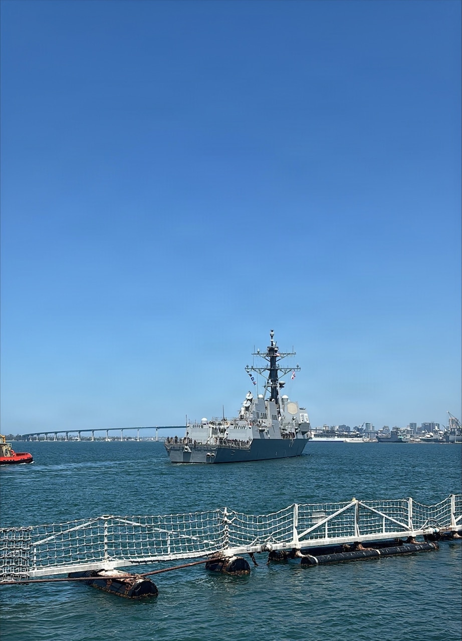 USS Chung-Hoon (DDG-93) departs Naval Base San Diego for sea trials on April 20 after completing its Depot Modernization Period as part of the DDG Modernization 2.0 program, which focuses on vital mid-life capability enhancements. (Courtesy Photo)