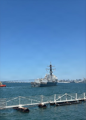 USS Chung-Hoon (DDG-93) departs Naval Base San Diego for sea trials on April 20 after completing its Depot Modernization Period as part of the DDG Modernization 2.0 program, which focuses on vital mid-life capability enhancements. (Courtesy Photo)