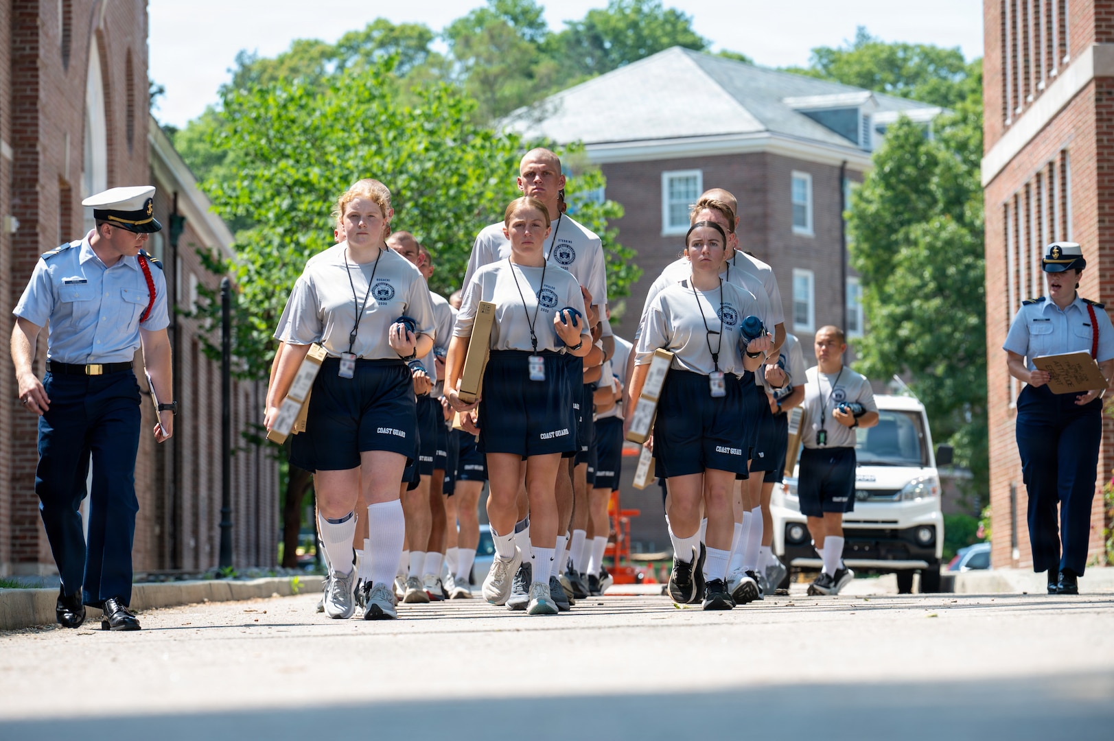 U.S. Coast Guard Academy (USCGA) Class of 2030 swabs transit to their next check-in station at USCGA, New London, Connecticut, June 29, 2026. Day One marks the start of Swab Summer, an intensive seven-week program that prepares students for military and Academy life. (U.S. Coast Guard photo by Petty Officer Third Class Roxanna Jacobo Cruz)