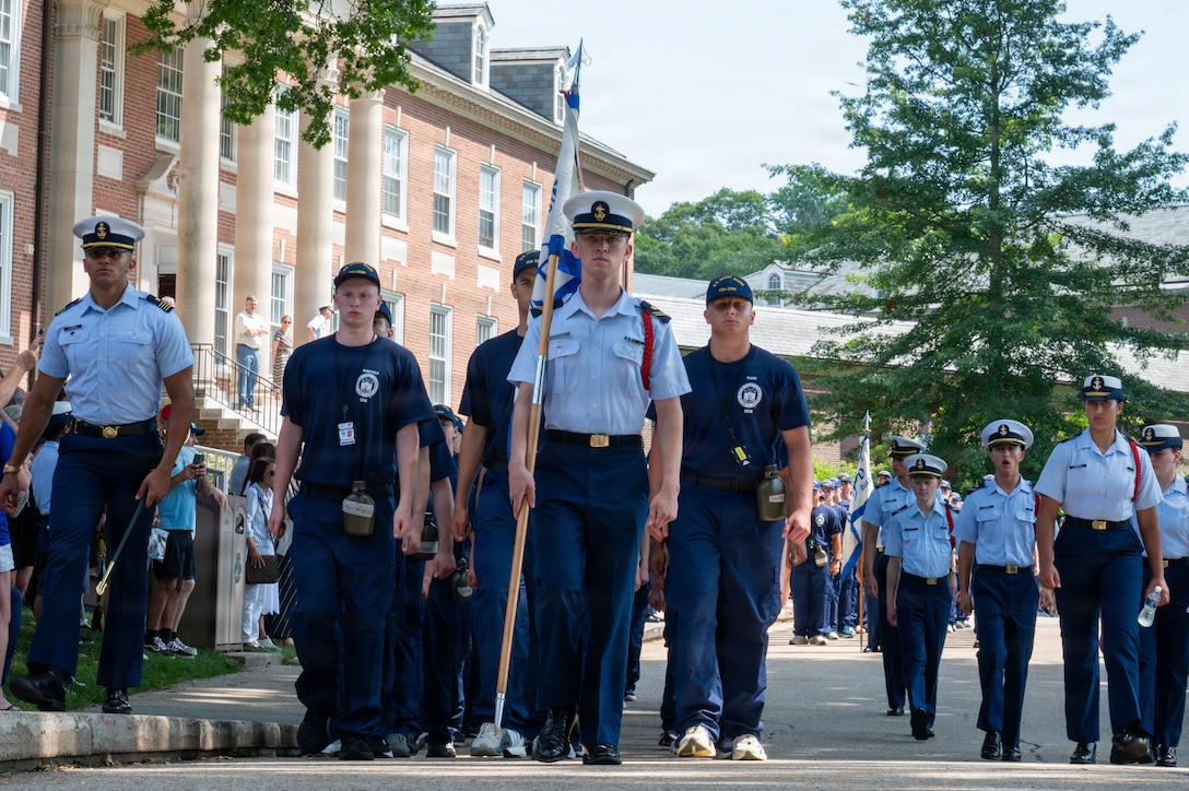 U.S. Coast Guard Academy (USCGA) Class of 2030 swabs transit to their next check-in station at USCGA, New London, Connecticut, June 29, 2026. Day One marks the start of Swab Summer, an intensive seven-week program that prepares students for military and Academy life. (U.S. Coast Guard photo by Petty Officer Third Class Roxanna Jacobo Cruz)