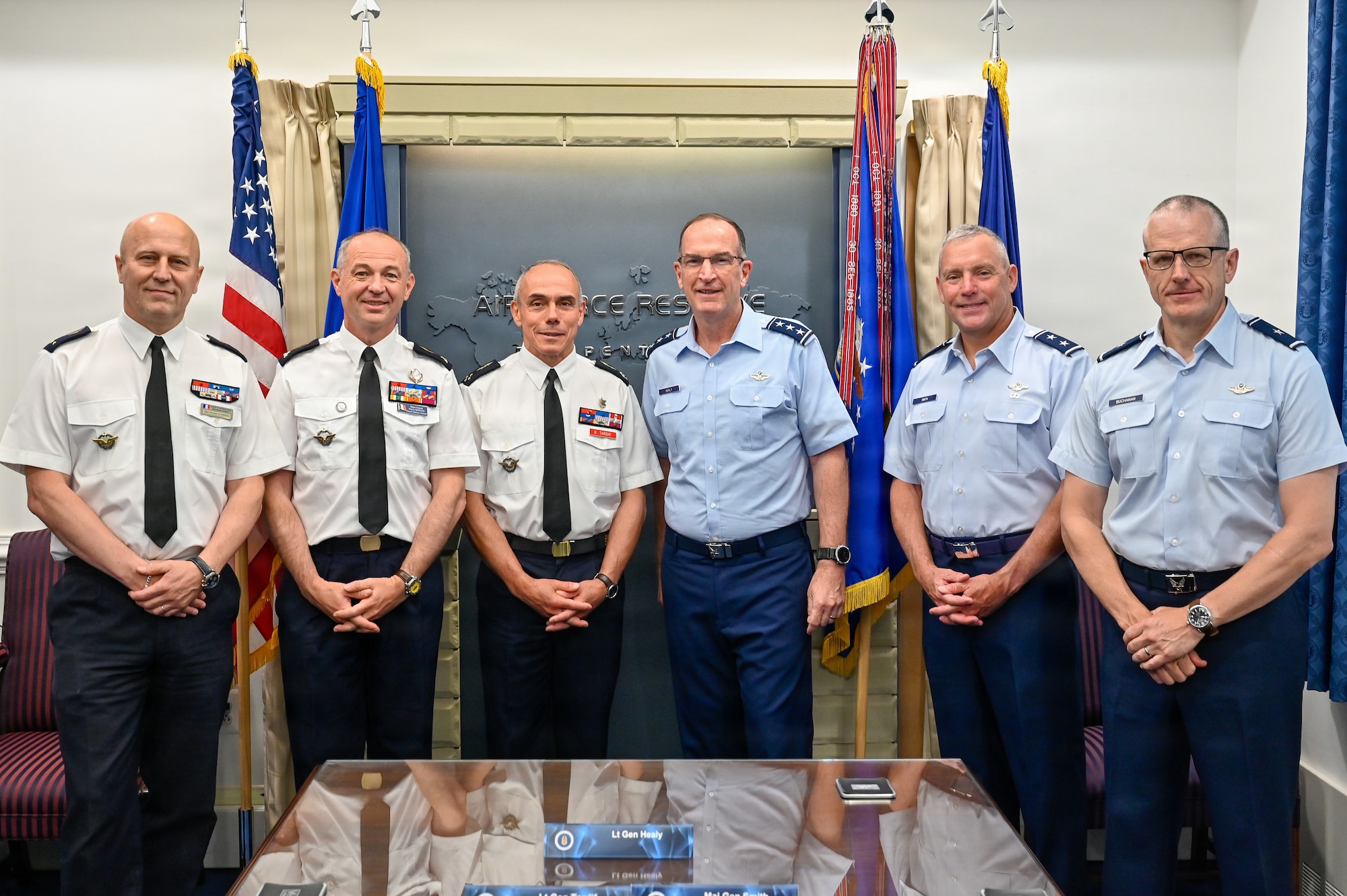 Lt. Gen. John Healy, center right, chief of Air Force Reserve and commander, Air Force Reserve Command, hosts Lt. Gen. Dominique Tardif, center left, vice chief of the French Air and Space Force
