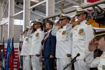 NAVAL AIR STATION NORTH ISLAND, Calif. (June 26, 2026) Official party members render a salute during the change of command ceremony for Undersea Rescue Command (URC) onboard Naval Air Station North Island, June 26, 2026. During the ceremony, Cmdr. Christian Rivera was relieved by Cmdr. Michael Mowry as commanding officer of URC.  URC, comprised of active and Reserve component Sailors, and civilian contractors, is the Navy’s only submarine rescue-capable command ready to deploy around the world in the event of a submarine emergency. (U.S. Navy photo by Mass Communication Specialist 2nd Class Rashan Jefferson)
