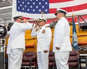 NAVAL AIR STATION NORTH ISLAND, Calif. (June 26, 2026) Cmdr. Michael Mowry, left, renders a salute to Capt. Phillip Sylvia Jr., commander, Submarine Squadron 11, during the change of command ceremony for Undersea Rescue Command (URC) onboard Naval Air Station North Island, June 26, 2026. During the ceremony, Mowry relieved Cmdr. Christian Rivera as commanding officer of URC. URC, comprised of active and Reserve component Sailors, and civilian contractors, is the Navy’s only submarine rescue-capable command ready to deploy around the world in the event of a submarine emergency. (U.S. Navy photo by Mass Communication Specialist 2nd Class Rashan Jefferson)
