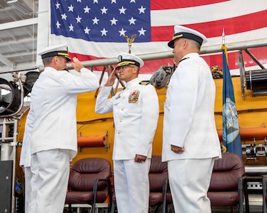 NAVAL AIR STATION NORTH ISLAND, Calif. (June 26, 2026) Cmdr. Michael Mowry, left, renders a salute to Capt. Phillip Sylvia Jr., commander, Submarine Squadron 11, during the change of command ceremony for Undersea Rescue Command (URC) onboard Naval Air Station North Island, June 26, 2026. During the ceremony, Mowry relieved Cmdr. Christian Rivera as commanding officer of URC. URC, comprised of active and Reserve component Sailors, and civilian contractors, is the Navy’s only submarine rescue-capable command ready to deploy around the world in the event of a submarine emergency. (U.S. Navy photo by Mass Communication Specialist 2nd Class Rashan Jefferson)