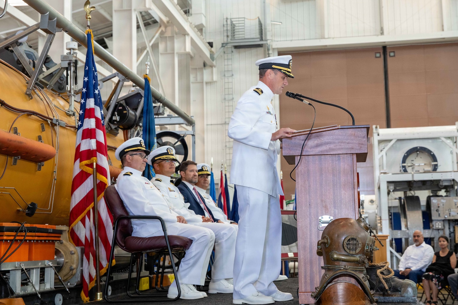 NAVAL AIR STATION NORTH ISLAND, Calif. (June 26, 2026) Cmdr. Michael Mowry, commanding officer, Undersea Rescue Command (URC), speaks during the change of command ceremony for URC onboard Naval Air Station North Island, June 26, 2026. During the ceremony, Cmdr. Christian Rivera was relieved by Mowry as commanding officer of URC. URC, comprised of active and Reserve component Sailors, and civilian contractors, is the Navy’s only submarine rescue-capable command ready to deploy around the world in the event of a submarine emergency. (U.S. Navy photo by Mass Communication Specialist 2nd Class Rashan Jefferson)