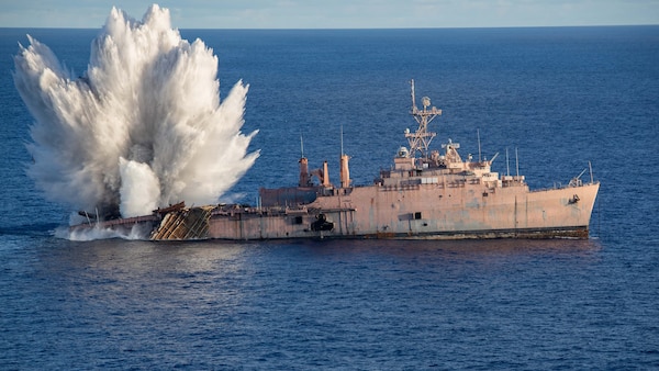 Japan Maritime Self-Defense Force submarine fires a torpedo at the decommissioned USS Juneau in support of a live-fire sinking exercise (SINKEX) as part of Valiant Shield 2026 while underway in the Philippine Sea, June 27, 2026.