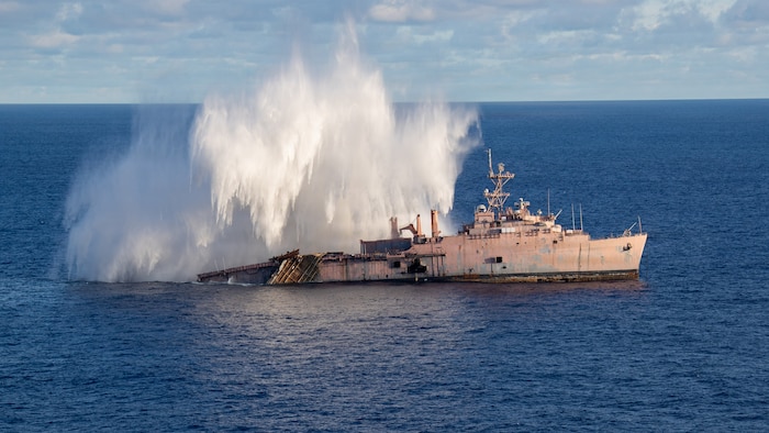 Japan Maritime Self-Defense Force submarine fires a torpedo at the decommissioned USS Juneau in support of a live-fire sinking exercise (SINKEX) as part of Valiant Shield 2026 while underway in the Philippine Sea, June 27, 2026.