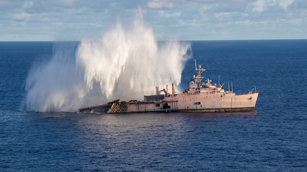 Japan Maritime Self-Defense Force submarine fires a torpedo at the decommissioned USS Juneau in support of a live-fire sinking exercise (SINKEX) as part of Valiant Shield 2026 while underway in the Philippine Sea, June 27, 2026.