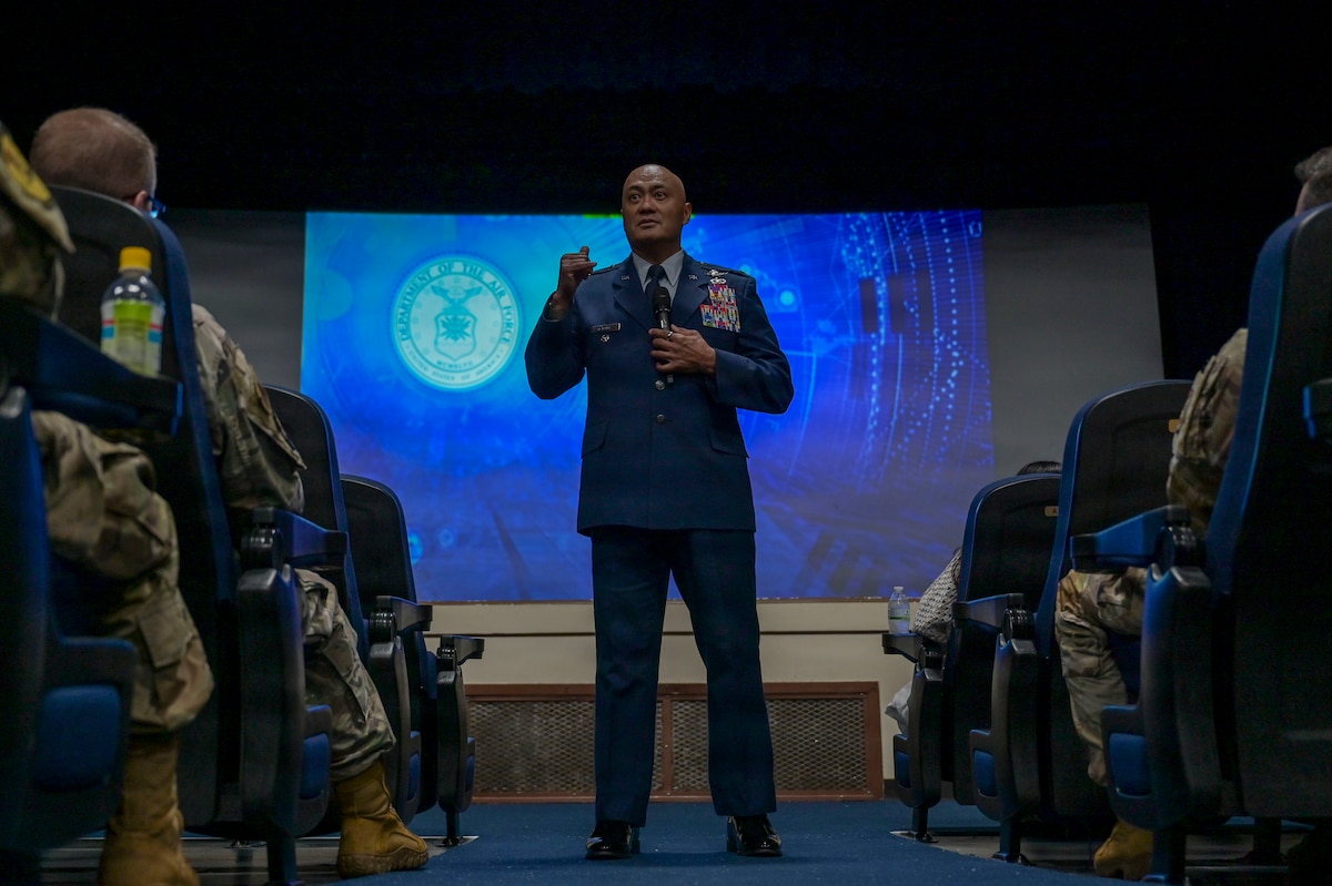 Retired U.S. Air Force Col. Melchizedek “Kato” Martinez speaks to a group of airmen at Andersen Air Force Base, Guam, June 18, 2026. Martinez visited Andersen AFB to speak with Airmen and families about resilience, recovery and the power of support systems. (U.S. Air Force photo by Airman Kevin McCormick Jr.)