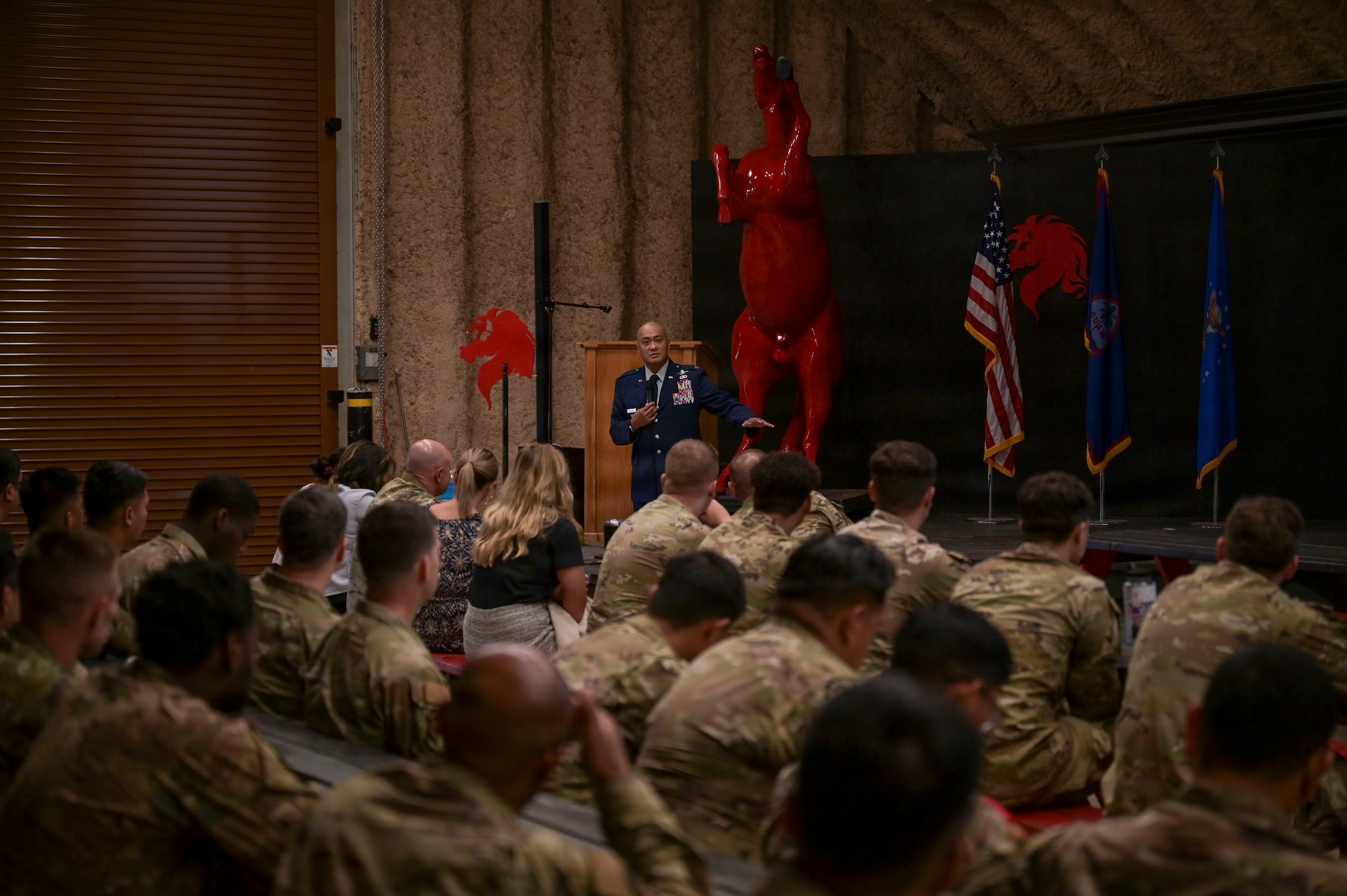 Retired U.S. Air Force Col. Melchizedek “Kato” Martinez speaks to a group of airmen at Andersen Air Force Base, Guam, June 18, 2026. Martinez visited Andersen AFB to speak with Airmen and families about resilience, recovery and the power of support systems. (U.S. Air Force photo by Airman Kevin McCormick Jr.)