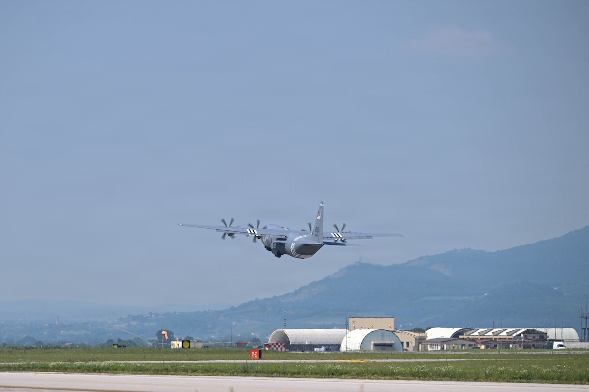 A C-130J Super Hercules assigned to the 37th Airlift Squadron takes off during Exercise Operations Group War Day 26.2 at Aviano Air Base, Italy, June 25, 2026.