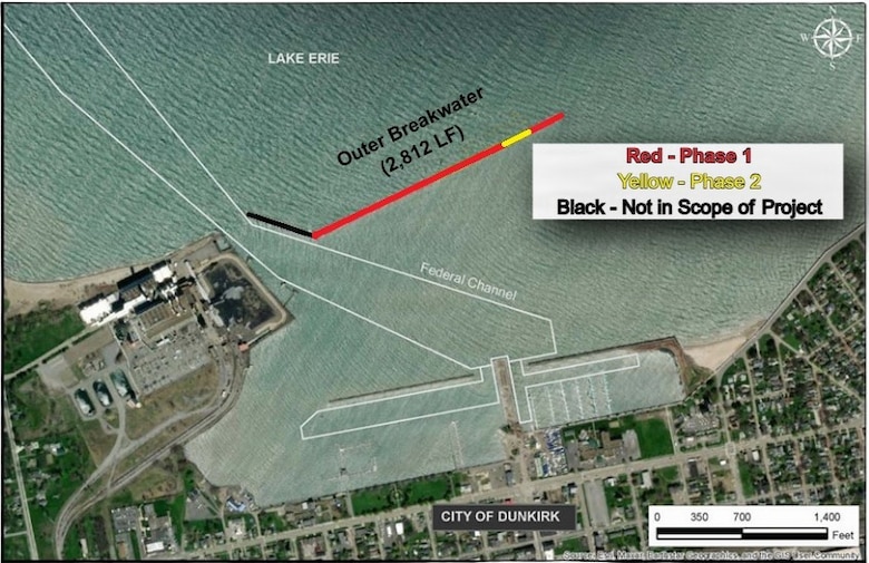 Construction resumes on the U.S. Army Corps of Engineers, Buffalo District's repair of the Dunkirk Harbor west breakwater in Dunkirk.