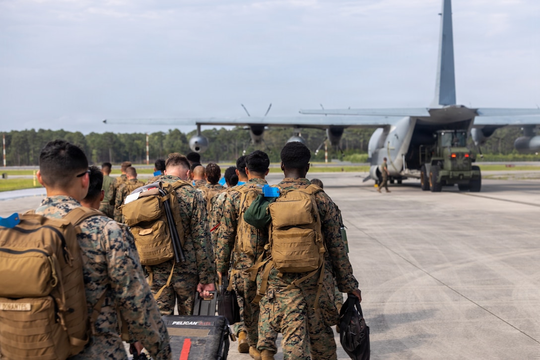 U.S. Marines with Combat Logistics Battalion 8, Littoral Combat Force 24, 24th Marine Expeditionary Unit, embark a KC-130J Super Hercules with Marine Aerial Refueler Transport Squadron (VMGR) 252, Marine Aircraft Group 14, 2nd Marine Aircraft Wing at Marine Corps Air Station Cherry Point, North Carolina, June 27, 2026. At the direction of U.S. Southern Command, assigned U.S. military forces are supporting Department of State-led U.S. disaster assistance to the people of Venezuela in the aftermath of the June 24, 2026, earthquakes. (U.S. Marine Corps photo by Staff Sgt. Maximiliano Rosas)