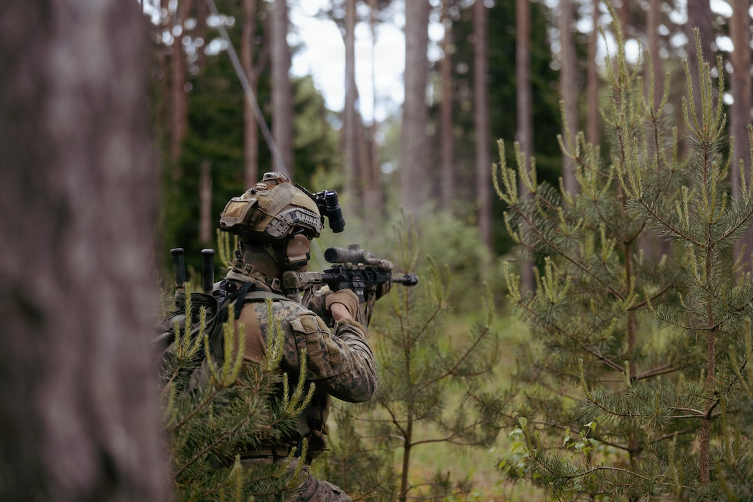 A U.S. Marine with 2nd Force Reconnaissance Company, 2nd Reconnaissance Battalion, 2nd Marine Division, assaults an objective during exercise Baltic Operations 2026 in Saaremaa, Estonia, June 16, 2026. BALTOPS 2026 is a major annual multinational naval exercise in the Baltic Sea and is led by the U.S. Sixth Fleet, it aims to enhance interoperability among NATO allies and partners. (U.S. Marine Corps photo by Lance Cpl. Hunter J. Kuester)