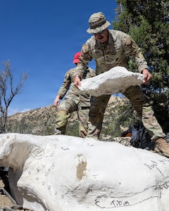 Sgt. 1st Class Christopher Wenzl, a Soldier assigned to 19th Special Forces Group (Airborne), positions encased dinosaur fossils for an airlift in southern Utah, June 13, 2026.