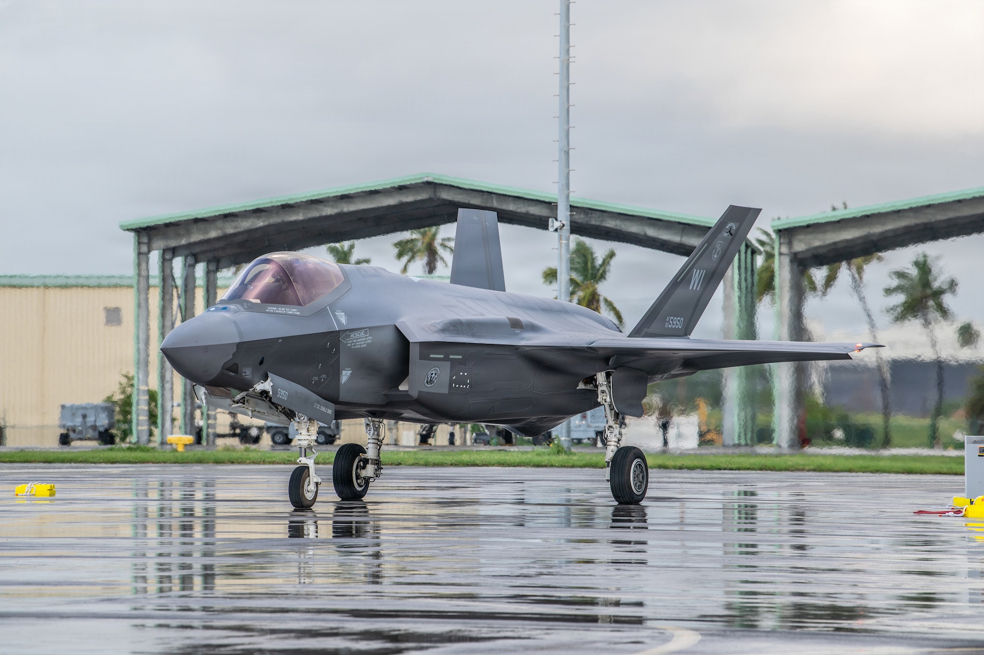 A U.S. Air Force F-35A Lightning II aircraft assigned to the 115th Fighter Wing, Wisconsin Air National Guard, sits on a ramp during exercise Sentry Aloha 26-1 at Joint Base Pearl Harbor-Hickam, Hawaii, Jan. 14, 2026. Sentry Aloha is built around Dissimilar Air Combat Training, which challenges pilots to engage in combat scenarios against aircraft with different performance capabilities. (U.S. Air National Guard photo by Master Sgt. Mary Greenwood)