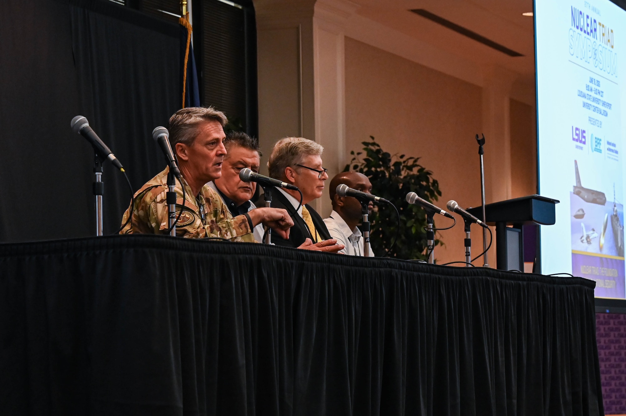 U.S. Air Force Lt. Gen. Jason Armagost, left, deputy commander of Air Force Global Strike Command, participates in a discussion panel during the 27th annual Nuclear Triad Symposium