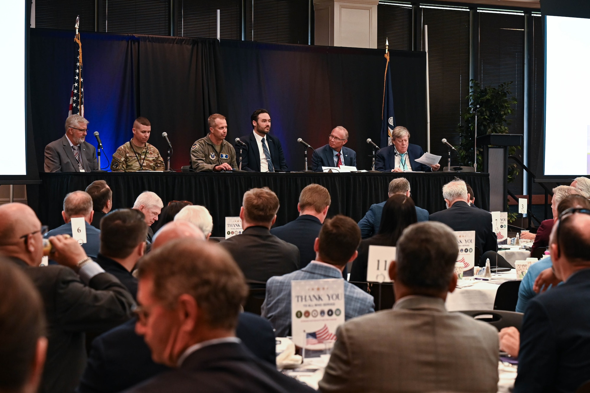 U.S. Air Force Maj. Gen. Ty Neuman, center front of room, commander of Eighth Air Force and Joint-Global Strike Operations Center, participates in a discussion panel during the 27th annual Nuclear Triad Symposium