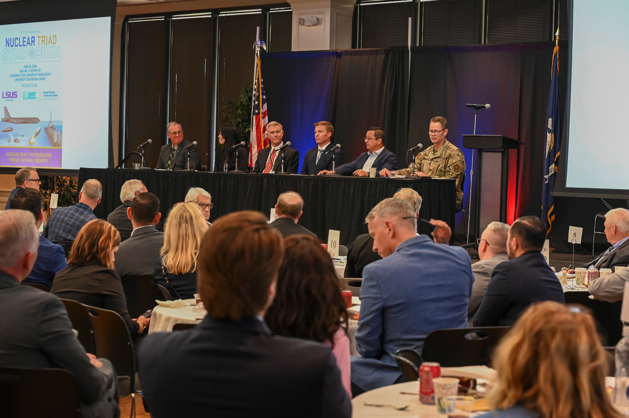 U.S. Air Force Brig. Gen. Peter Bonetti, right front of room, director of strategic plans, programs and requirements of Air Force Global Strike Command, participates in a discussion panel during the 27th annual Nuclear Triad Symposium