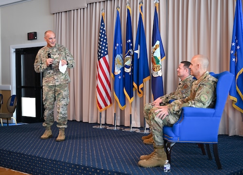 Col. Richard Lopez talks about his time at Kessel Run during a change of leadership ceremony at the Minuteman Commons, here, June 25. During the ceremony, Lopez relinquished his position as Kessel Run’s senior materiel leader to Col. Brian Viola. Kessel Run is a division focused on delivering resilient command and control and targeting software capabilities that provide operators with decision advantage. (Official Air Force photo by Morgan Brown).