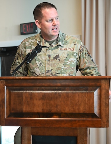 Brig. Gen. Jason Voorheis speaks to all in attendance during Kessel Run’s change of leadership ceremony at the Minuteman Commons, here, June 25. Voorheis is the Department of the Air Force Portfolio Acquisition Executive for Command, Control, Communications and Battle Management. Kessel Run is a division within C3BM focused on delivering resilient command and control and targeting software capabilities that provide warfighters with decision advantage. (Official Air Force photo by Richard Blumenstein).