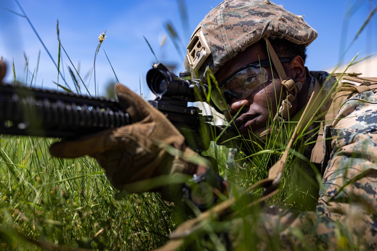 A Marine aims a rifle while in the prone position in the grass.