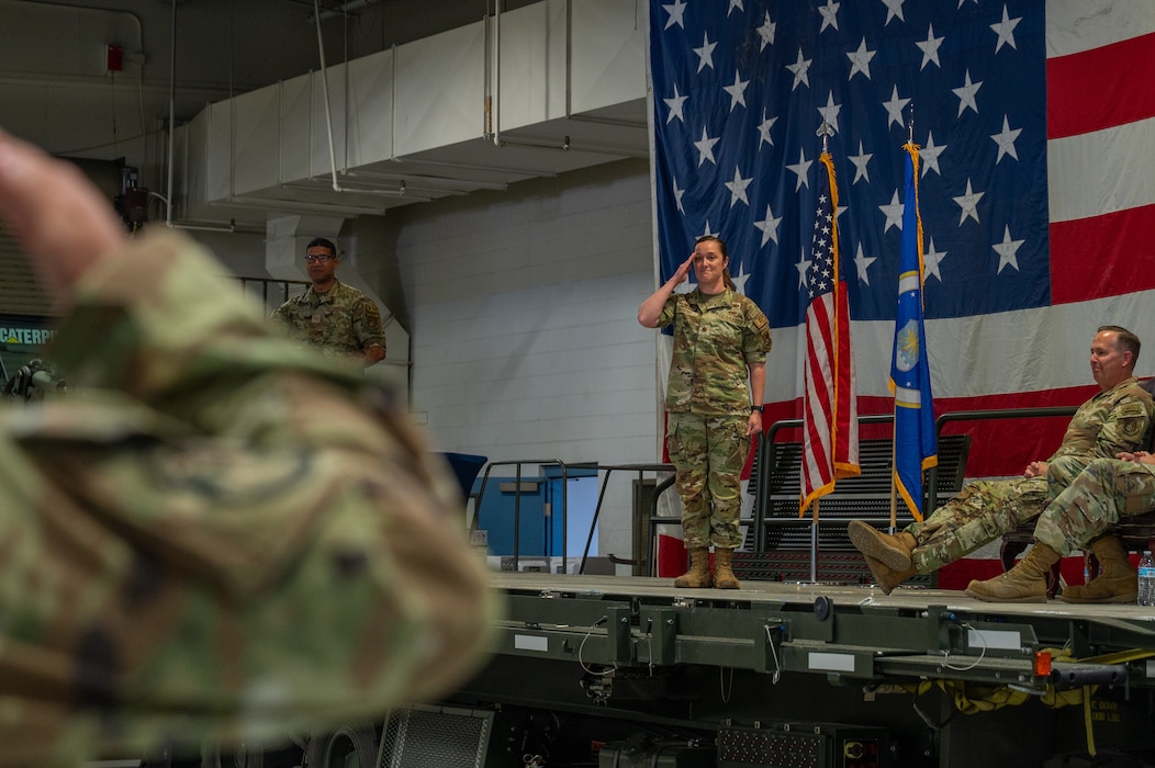 U.S. Air Force Maj. Jessica Haskins, 354th Logistics Readiness Squadron commander, renders her first salute to members of the 354th LRS during a change of command ceremony at Eielson Air Force Base, Alaska, June 18, 2026.