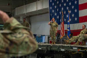 U.S. Air Force Maj. Jessica Haskins, 354th Logistics Readiness Squadron commander, renders her first salute to members of the 354th LRS during a change of command ceremony at Eielson Air Force Base, Alaska, June 18, 2026.