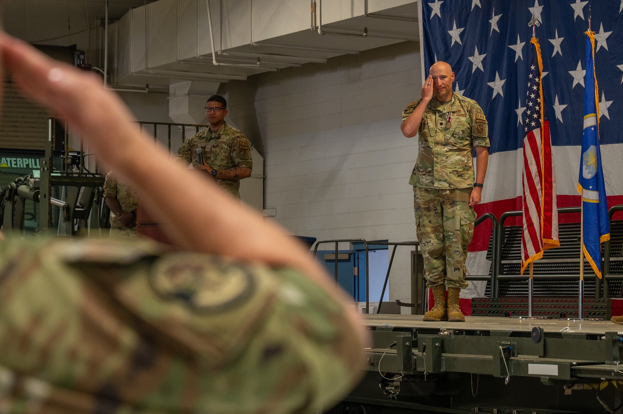 U.S. Air Force Lt. Col. Peter Daigle, outgoing 354th Logistics Readiness Squadron commander, renders his final salute to members of the 354th LRS during a change of command ceremony at Eielson Air Force Base, Alaska, June 18, 2026.