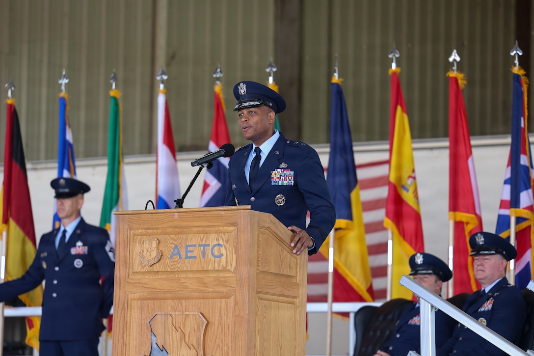 U.S. Air Force Maj. Gen. Roy W. Collins, Air Education and Training Command deputy commander, speaks during the 80th Flying Training Wing change of command ceremony at Sheppard Air Force Base, Texas, June 29, 2026.