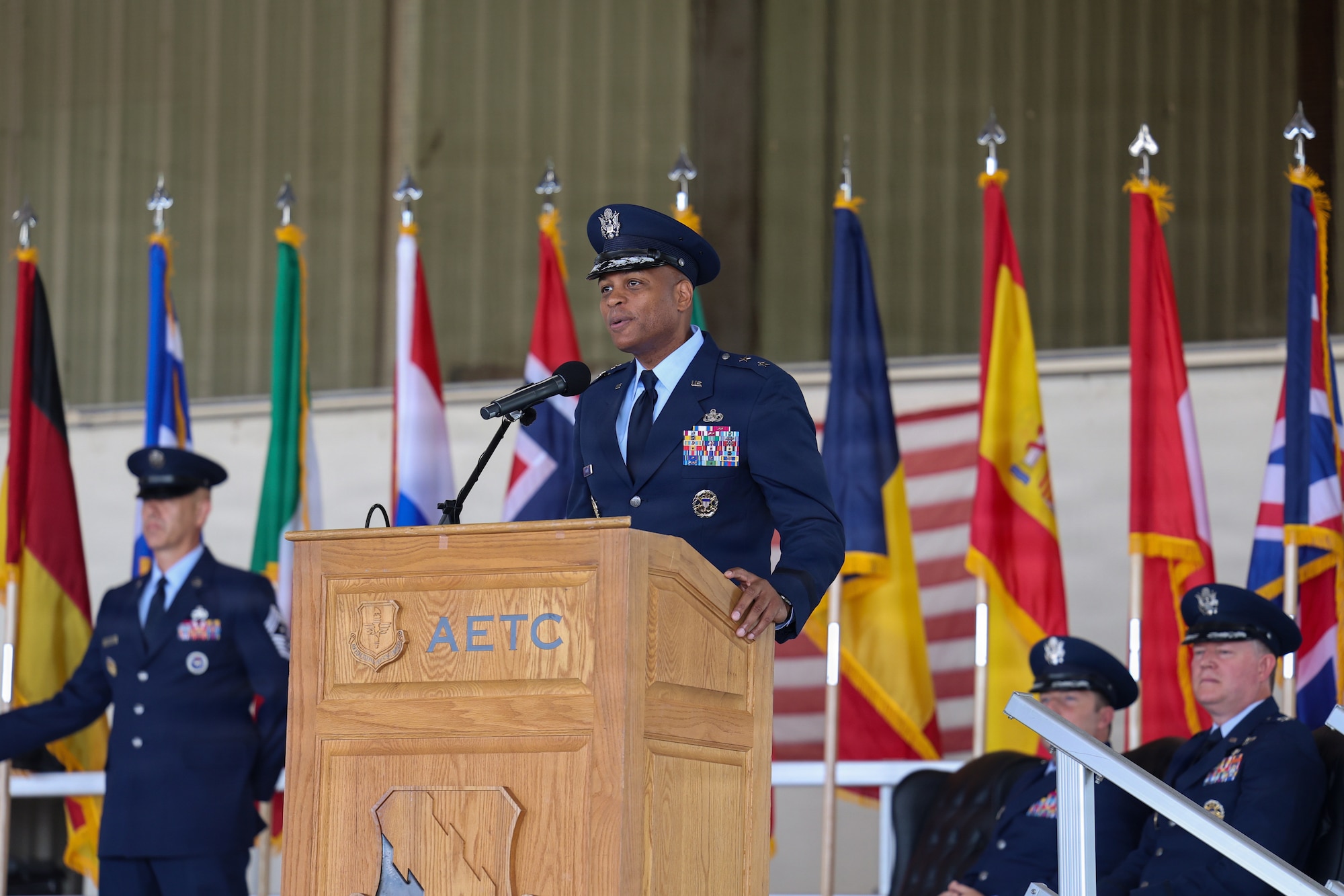 U.S. Air Force Maj. Gen. Roy W. Collins, Air Education and Training Command deputy commander, speaks during the 80th Flying Training Wing change of command ceremony at Sheppard Air Force Base, Texas, June 29, 2026.